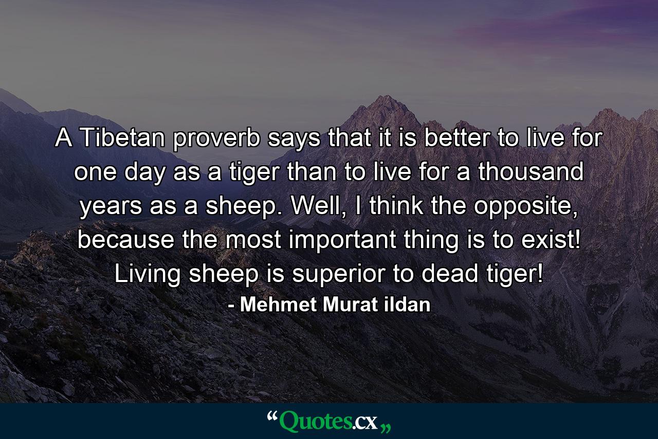 A Tibetan proverb says that it is better to live for one day as a tiger than to live for a thousand years as a sheep. Well, I think the opposite, because the most important thing is to exist! Living sheep is superior to dead tiger! - Quote by Mehmet Murat ildan