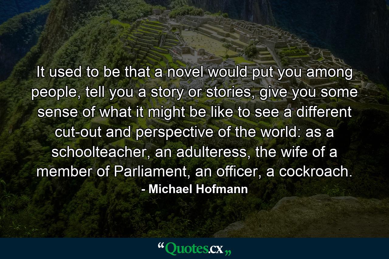 It used to be that a novel would put you among people, tell you a story or stories, give you some sense of what it might be like to see a different cut-out and perspective of the world: as a schoolteacher, an adulteress, the wife of a member of Parliament, an officer, a cockroach. - Quote by Michael Hofmann