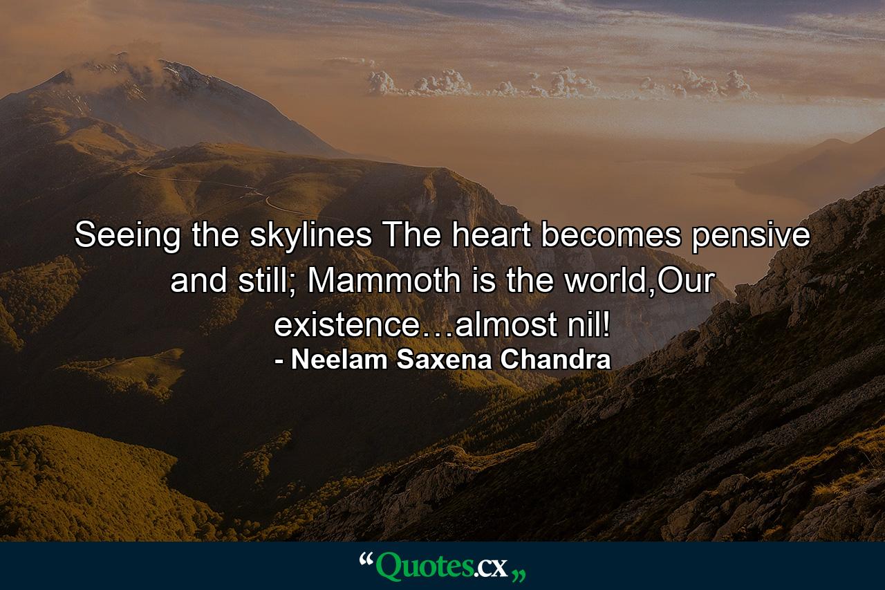 Seeing the skylines The heart becomes pensive and still; Mammoth is the world,Our existence…almost nil! - Quote by Neelam Saxena Chandra