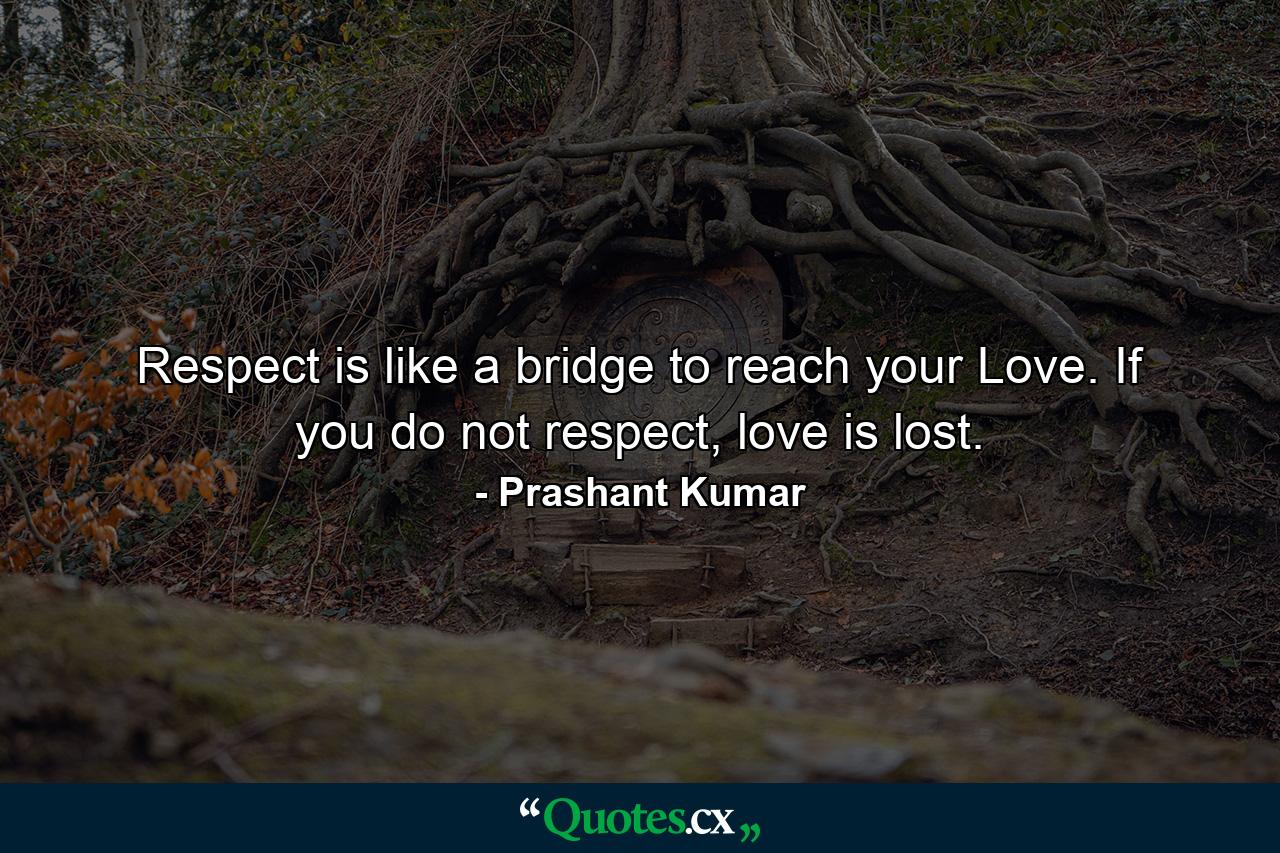 Respect is like a bridge to reach your Love. If you do not respect, love is lost. - Quote by Prashant Kumar