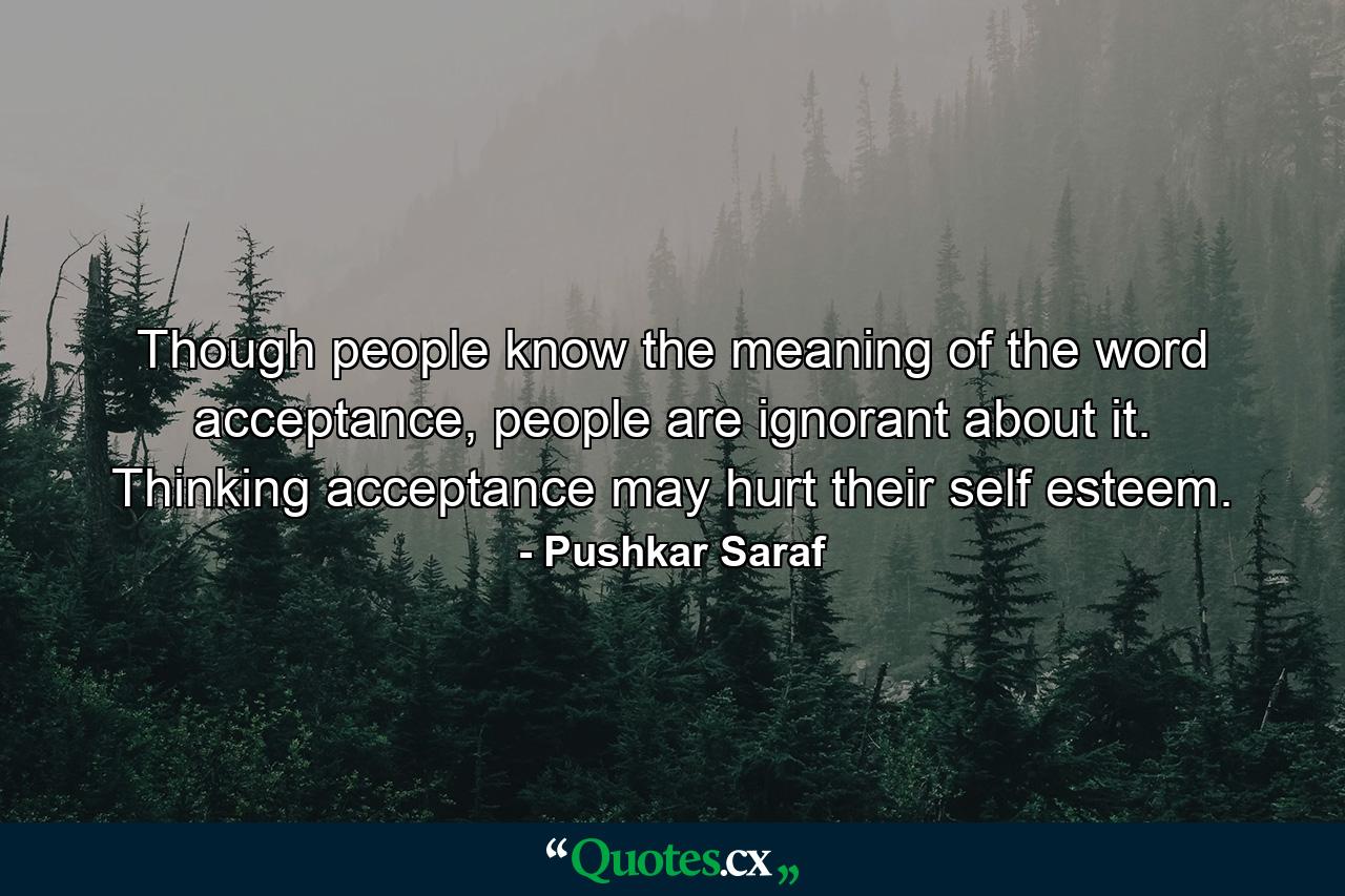 Though people know the meaning of the word acceptance, people are ignorant about it. Thinking acceptance may hurt their self esteem. - Quote by Pushkar Saraf