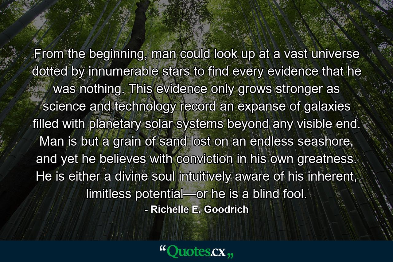 From the beginning, man could look up at a vast universe dotted by innumerable stars to find every evidence that he was nothing. This evidence only grows stronger as science and technology record an expanse of galaxies filled with planetary solar systems beyond any visible end. Man is but a grain of sand lost on an endless seashore, and yet he believes with conviction in his own greatness.  He is either a divine soul intuitively aware of his inherent, limitless potential—or he is a blind fool. - Quote by Richelle E. Goodrich