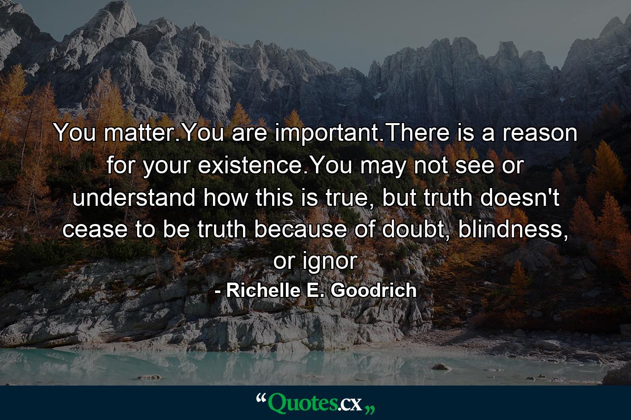 You matter.You are important.There is a reason for your existence.You may not see or understand how this is true, but truth doesn't cease to be truth because of doubt, blindness, or ignor - Quote by Richelle E. Goodrich