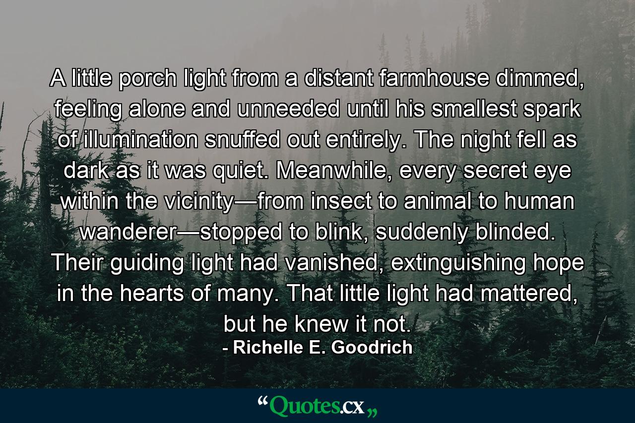 A little porch light from a distant farmhouse dimmed, feeling alone and unneeded until his smallest spark of illumination snuffed out entirely. The night fell as dark as it was quiet. Meanwhile, every secret eye within the vicinity―from insect to animal to human wanderer―stopped to blink, suddenly blinded. Their guiding light had vanished, extinguishing hope in the hearts of many. That little light had mattered, but he knew it not. - Quote by Richelle E. Goodrich