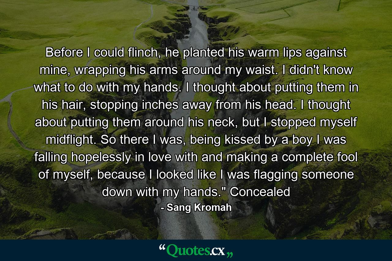 Before I could flinch, he planted his warm lips against mine, wrapping his arms around my waist. I didn't know what to do with my hands. I thought about putting them in his hair, stopping inches away from his head. I thought about putting them around his neck, but I stopped myself midflight. So there I was, being kissed by a boy I was falling hopelessly in love with and making a complete fool of myself, because I looked like I was flagging someone down with my hands.