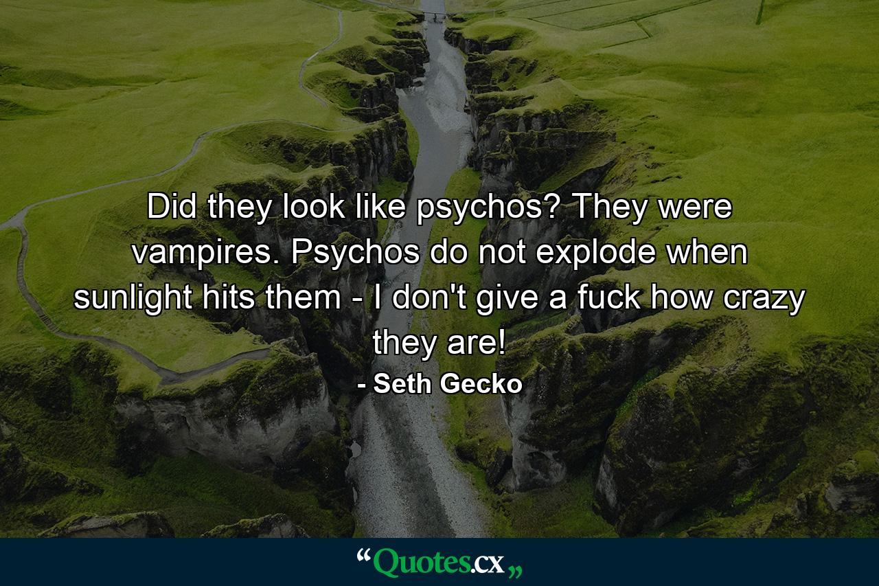 Did they look like psychos? They were vampires. Psychos do not explode when sunlight hits them - I don't give a fuck how crazy they are! - Quote by Seth Gecko