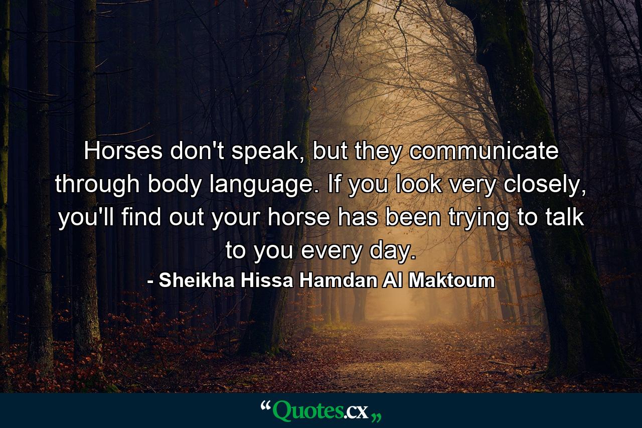 Horses don't speak, but they communicate through body language. If you look very closely, you'll find out your horse has been trying to talk to you every day. - Quote by Sheikha Hissa Hamdan Al Maktoum