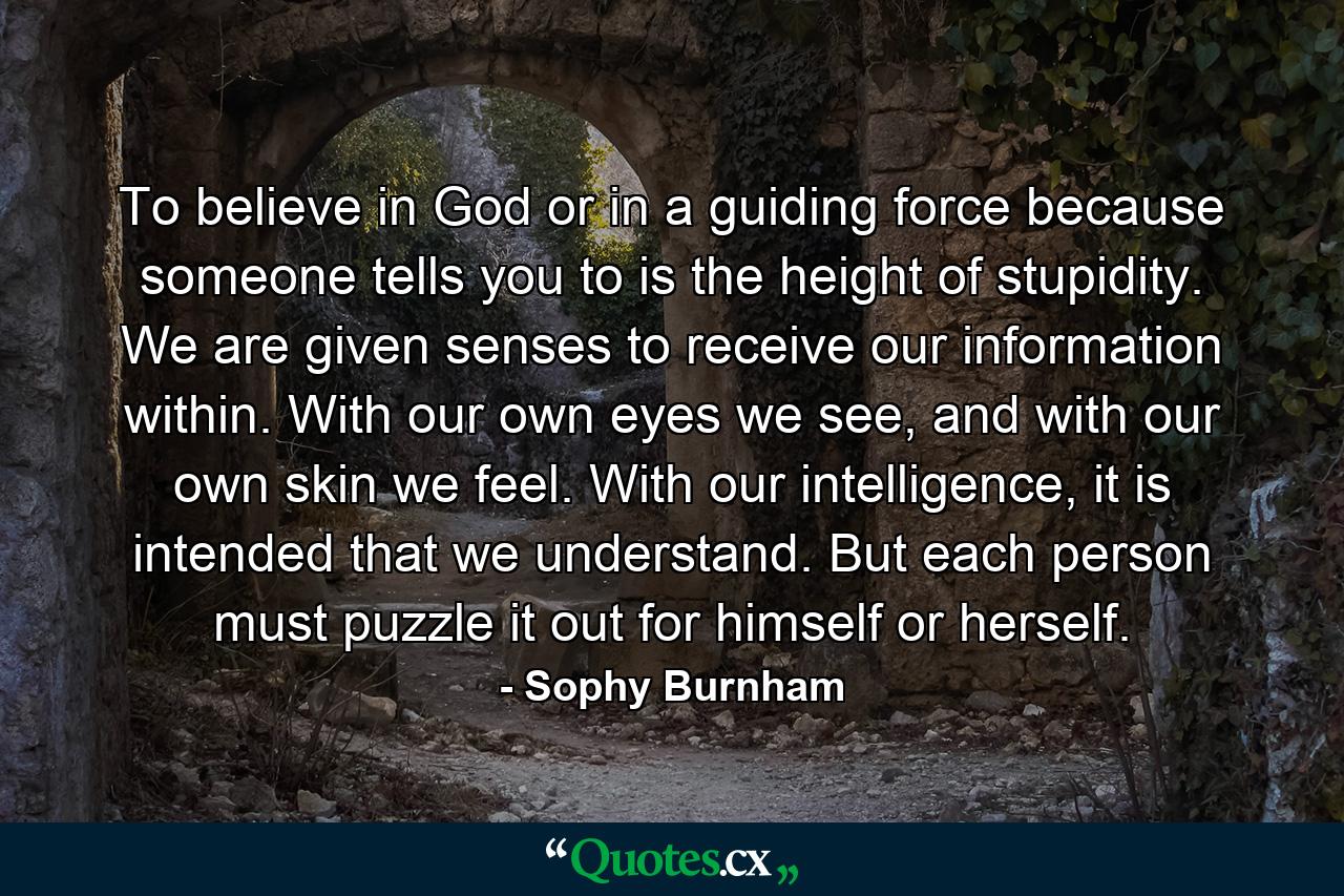 To believe in God or in a guiding force because someone tells you to is the height of stupidity. We are given senses to receive our information within. With our own eyes we see, and with our own skin we feel. With our intelligence, it is intended that we understand. But each person must puzzle it out for himself or herself. - Quote by Sophy Burnham