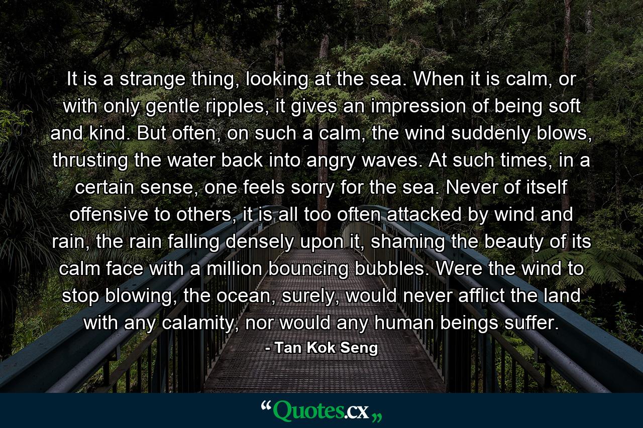 It is a strange thing, looking at the sea. When it is calm, or with only gentle ripples, it gives an impression of being soft and kind. But often, on such a calm, the wind suddenly blows, thrusting the water back into angry waves. At such times, in a certain sense, one feels sorry for the sea. Never of itself offensive to others, it is all too often attacked by wind and rain, the rain falling densely upon it, shaming the beauty of its calm face with a million bouncing bubbles. Were the wind to stop blowing, the ocean, surely, would never afflict the land with any calamity, nor would any human beings suffer. - Quote by Tan Kok Seng