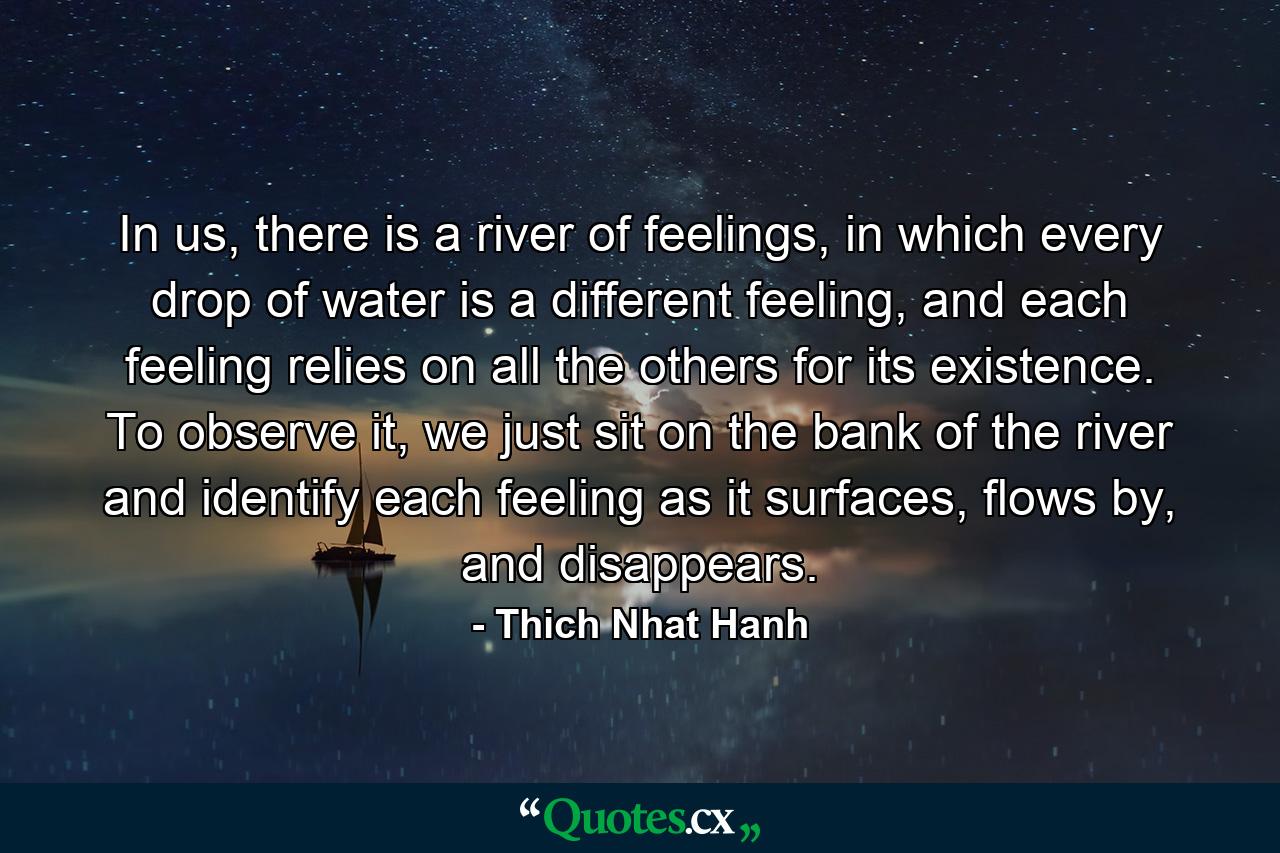 In us, there is a river of feelings, in which every drop of water is a different feeling, and each feeling relies on all the others for its existence. To observe it, we just sit on the bank of the river and identify each feeling as it surfaces, flows by, and disappears. - Quote by Thich Nhat Hanh