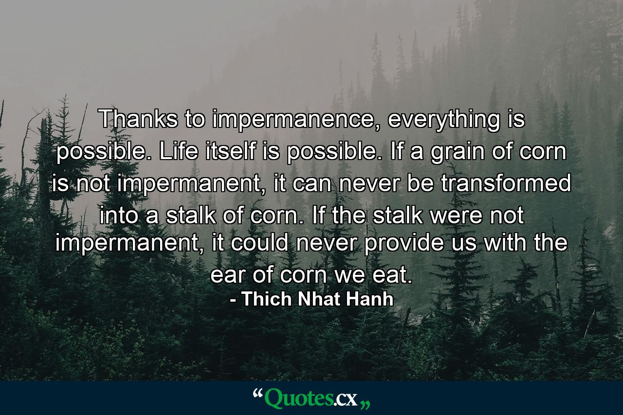 Thanks to impermanence, everything is possible. Life itself is possible. If a grain of corn is not impermanent, it can never be transformed into a stalk of corn. If the stalk were not impermanent, it could never provide us with the ear of corn we eat. - Quote by Thich Nhat Hanh