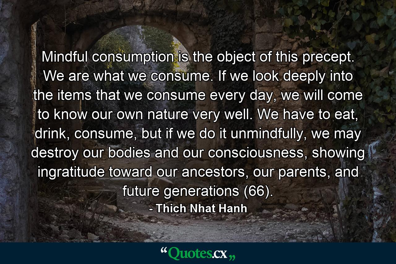 Mindful consumption is the object of this precept. We are what we consume. If we look deeply into the items that we consume every day, we will come to know our own nature very well. We have to eat, drink, consume, but if we do it unmindfully, we may destroy our bodies and our consciousness, showing ingratitude toward our ancestors, our parents, and future generations (66). - Quote by Thich Nhat Hanh