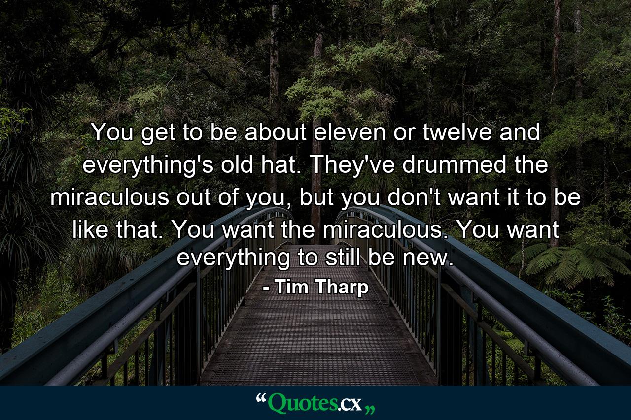 You get to be about eleven or twelve and everything's old hat. They've drummed the miraculous out of you, but you don't want it to be like that. You want the miraculous. You want everything to still be new. - Quote by Tim Tharp