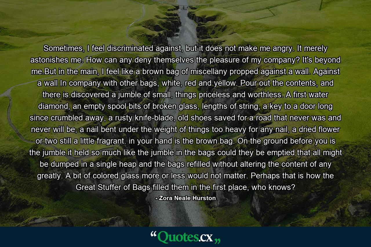 Sometimes, I feel discriminated against, but it does not make me angry. It merely astonishes me. How can any deny themselves the pleasure of my company? It's beyond me.But in the main, I feel like a brown bag of miscellany propped against a wall. Against a wall In company with other bags, white, red and yellow. Pour out the contents, and there is discovered a jumble of small, things priceless and worthless. A first water diamond, an empty spool bits of broken glass, lengths of string, a key to a door long since crumbled away, a rusty knife-blade, old shoes saved for a road that never was and never will be, a nail bent under the weight of things too heavy for any nail, a dried flower or two still a little fragrant. in your hand is the brown bag. On the ground before you is the jumble it held so much like the jumble in the bags could they be emptied that all might be dumped in a single heap and the bags refilled without altering the content of any greatly. A bit of colored glass more or less would not matter. Perhaps that is how the Great Stuffer of Bags filled them in the first place, who knows? - Quote by Zora Neale Hurston
