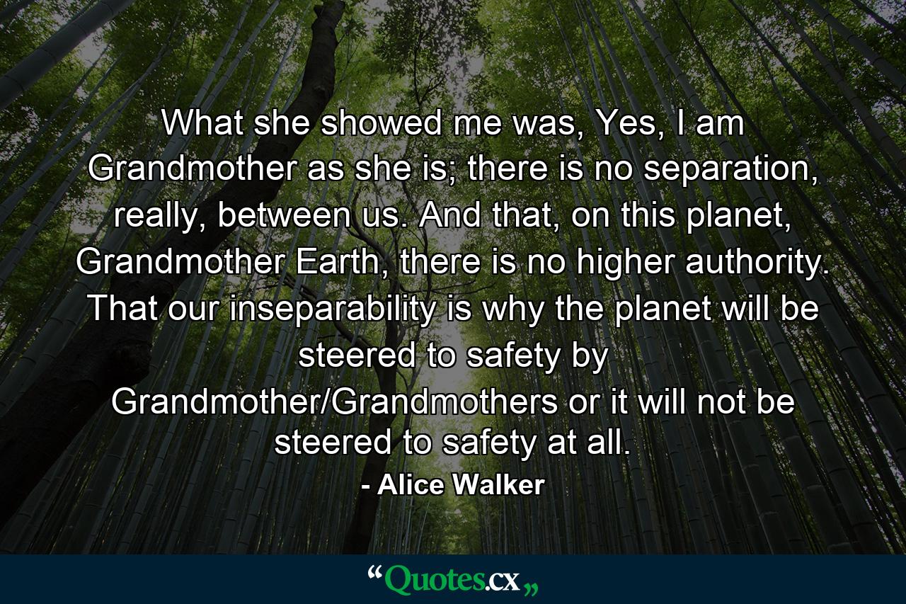 What she showed me was, Yes, I am Grandmother as she is; there is no separation, really, between us. And that, on this planet, Grandmother Earth, there is no higher authority. That our inseparability is why the planet will be steered to safety by Grandmother/Grandmothers or it will not be steered to safety at all. - Quote by Alice Walker