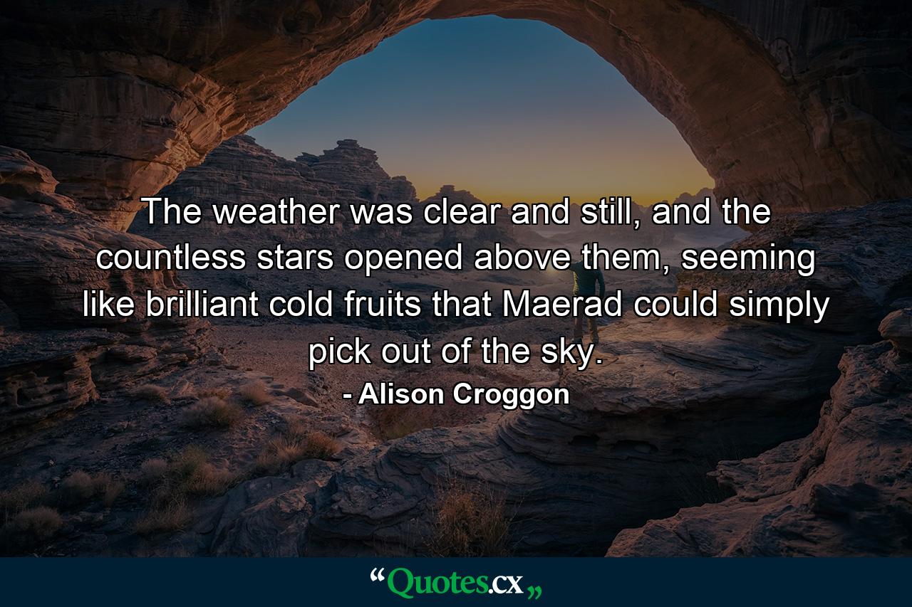 The weather was clear and still, and the countless stars opened above them, seeming like brilliant cold fruits that Maerad could simply pick out of the sky. - Quote by Alison Croggon