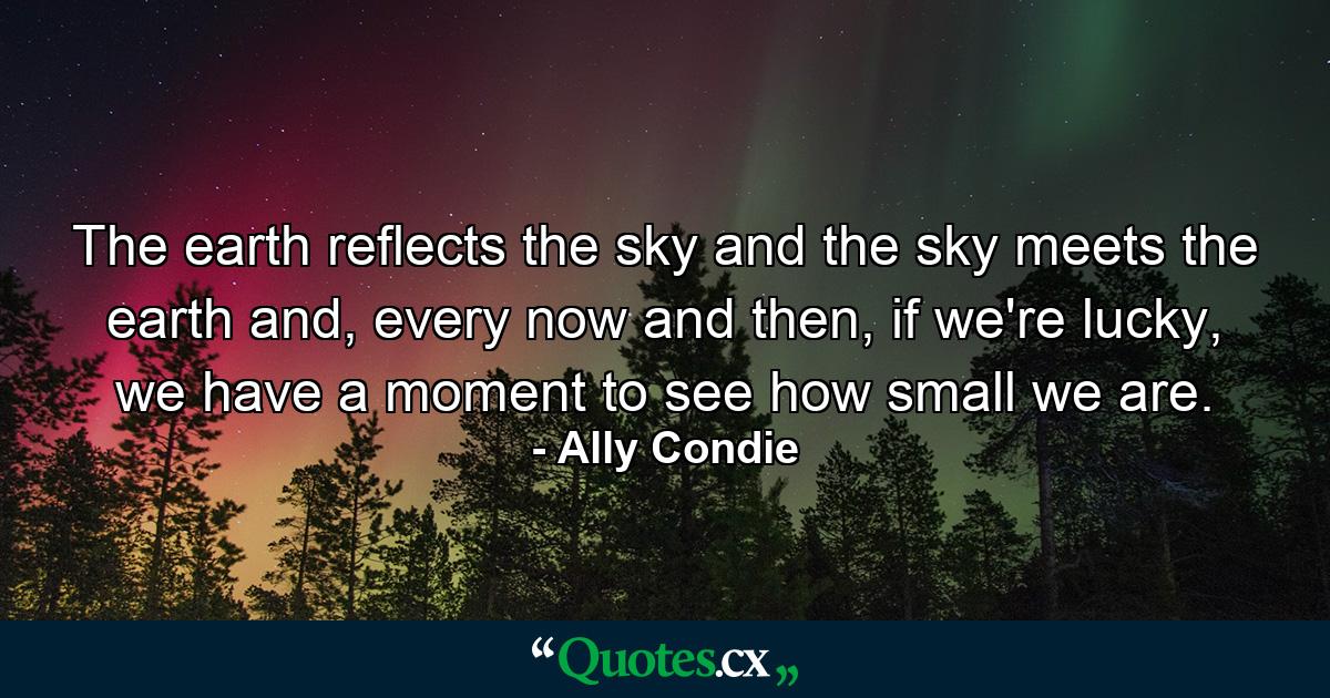 The earth reflects the sky and the sky meets the earth and, every now and then, if we're lucky, we have a moment to see how small we are. - Quote by Ally Condie