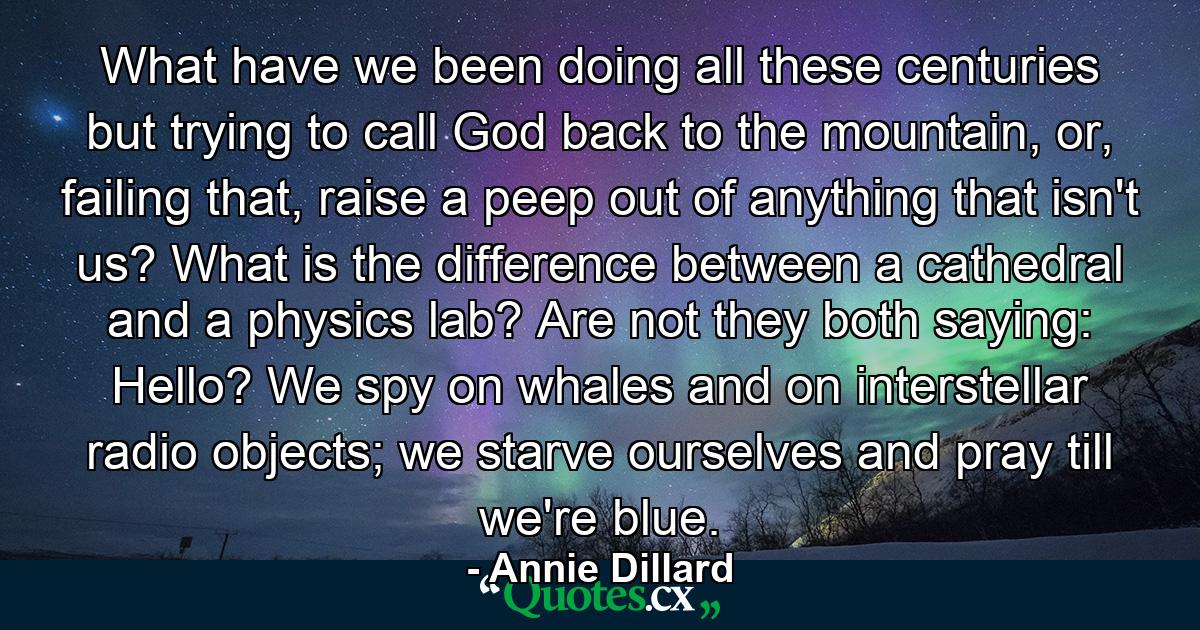 What have we been doing all these centuries but trying to call God back to the mountain, or, failing that, raise a peep out of anything that isn't us? What is the difference between a cathedral and a physics lab? Are not they both saying: Hello? We spy on whales and on interstellar radio objects; we starve ourselves and pray till we're blue. - Quote by Annie Dillard