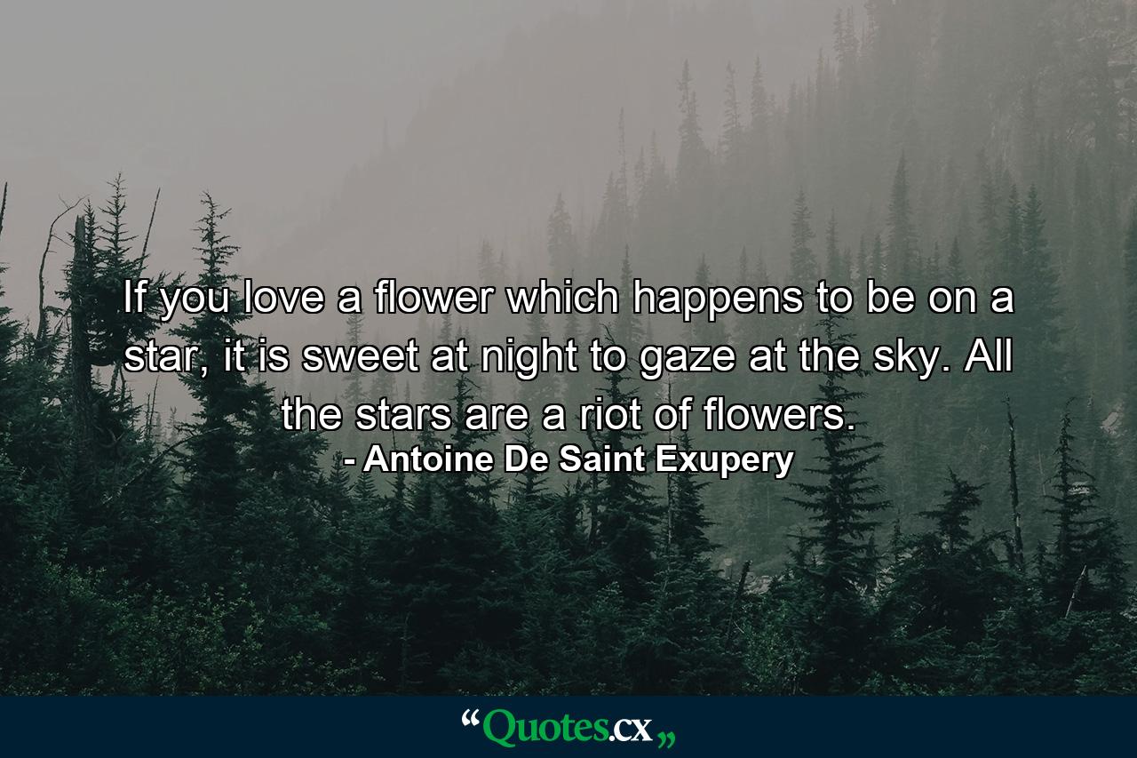 If you love a flower which happens to be on a star, it is sweet at night to gaze at the sky. All the stars are a riot of flowers. - Quote by Antoine De Saint Exupery