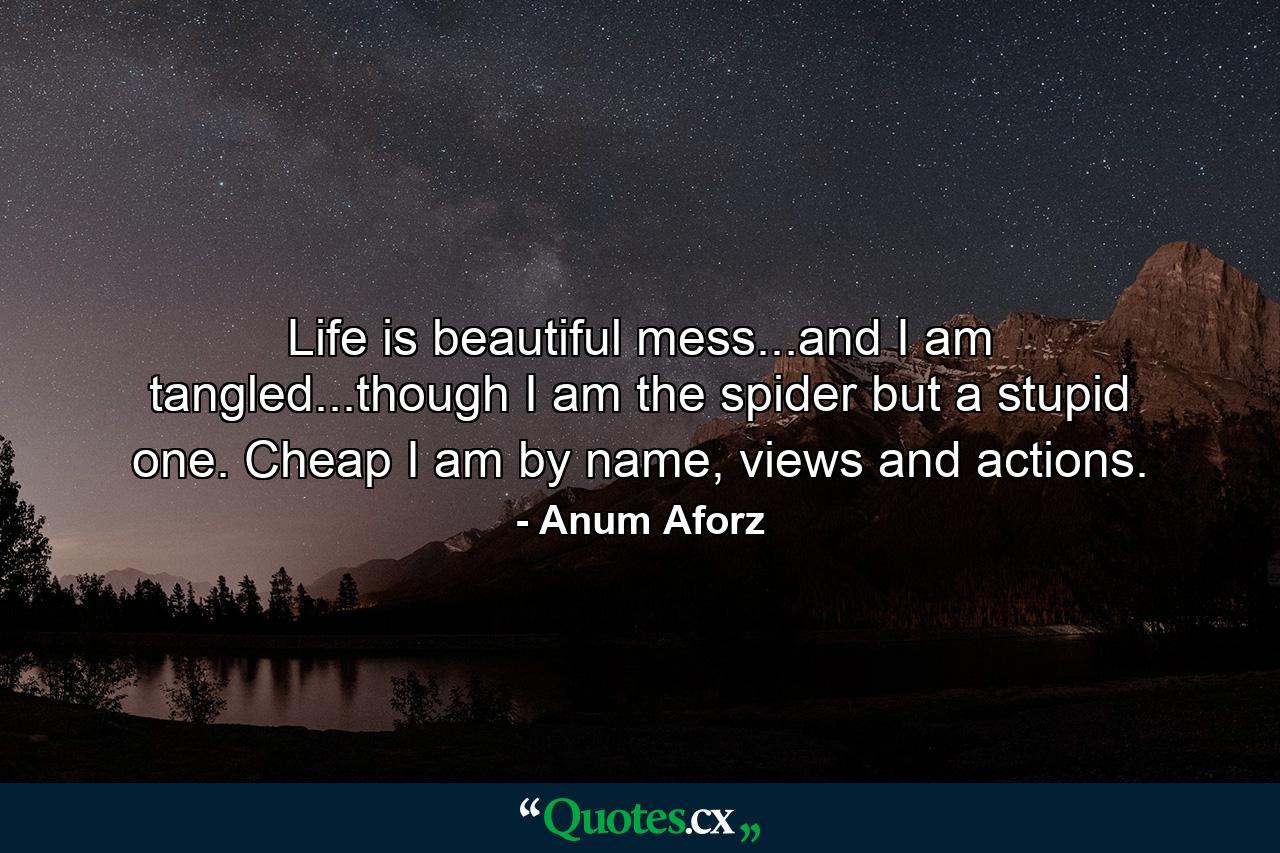 Life is beautiful mess...and I am tangled...though I am the spider but a stupid one. Cheap I am by name, views and actions. - Quote by Anum Aforz