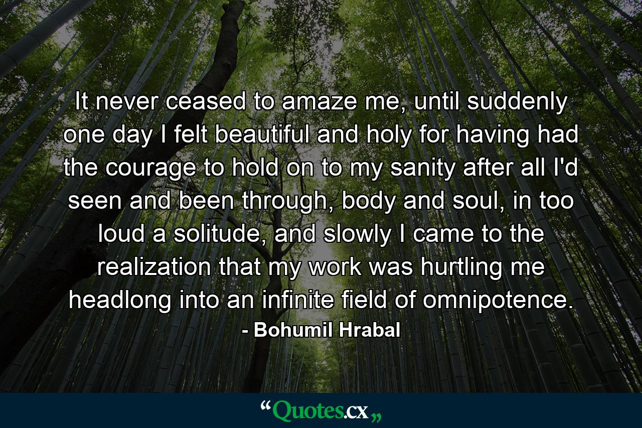 It never ceased to amaze me, until suddenly one day I felt beautiful and holy for having had the courage to hold on to my sanity after all I'd seen and been through, body and soul, in too loud a solitude, and slowly I came to the realization that my work was hurtling me headlong into an infinite field of omnipotence. - Quote by Bohumil Hrabal