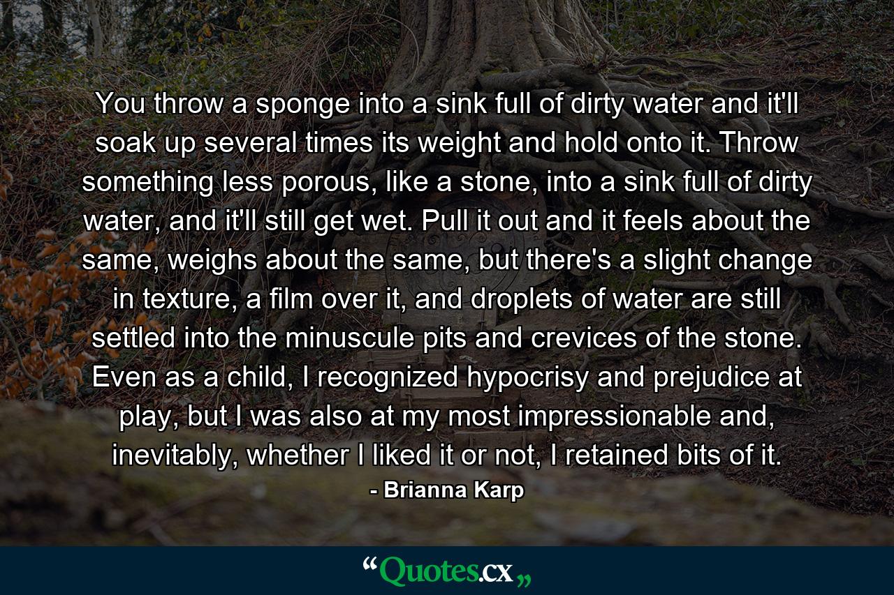 You throw a sponge into a sink full of dirty water and it'll soak up several times its weight and hold onto it. Throw something less porous, like a stone, into a sink full of dirty water, and it'll still get wet. Pull it out and it feels about the same, weighs about the same, but there's a slight change in texture, a film over it, and droplets of water are still settled into the minuscule pits and crevices of the stone. Even as a child, I recognized hypocrisy and prejudice at play, but I was also at my most impressionable and, inevitably, whether I liked it or not, I retained bits of it. - Quote by Brianna Karp