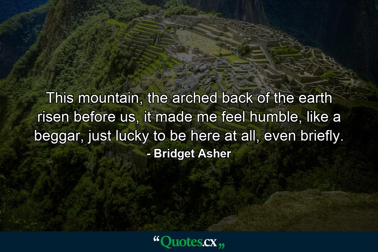 This mountain, the arched back of the earth risen before us, it made me feel humble, like a beggar, just lucky to be here at all, even briefly. - Quote by Bridget Asher