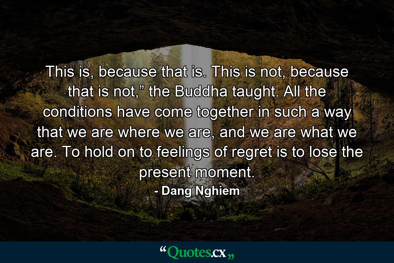 This is, because that is. This is not, because that is not,” the Buddha taught. All the conditions have come together in such a way that we are where we are, and we are what we are. To hold on to feelings of regret is to lose the present moment. - Quote by Dang Nghiem