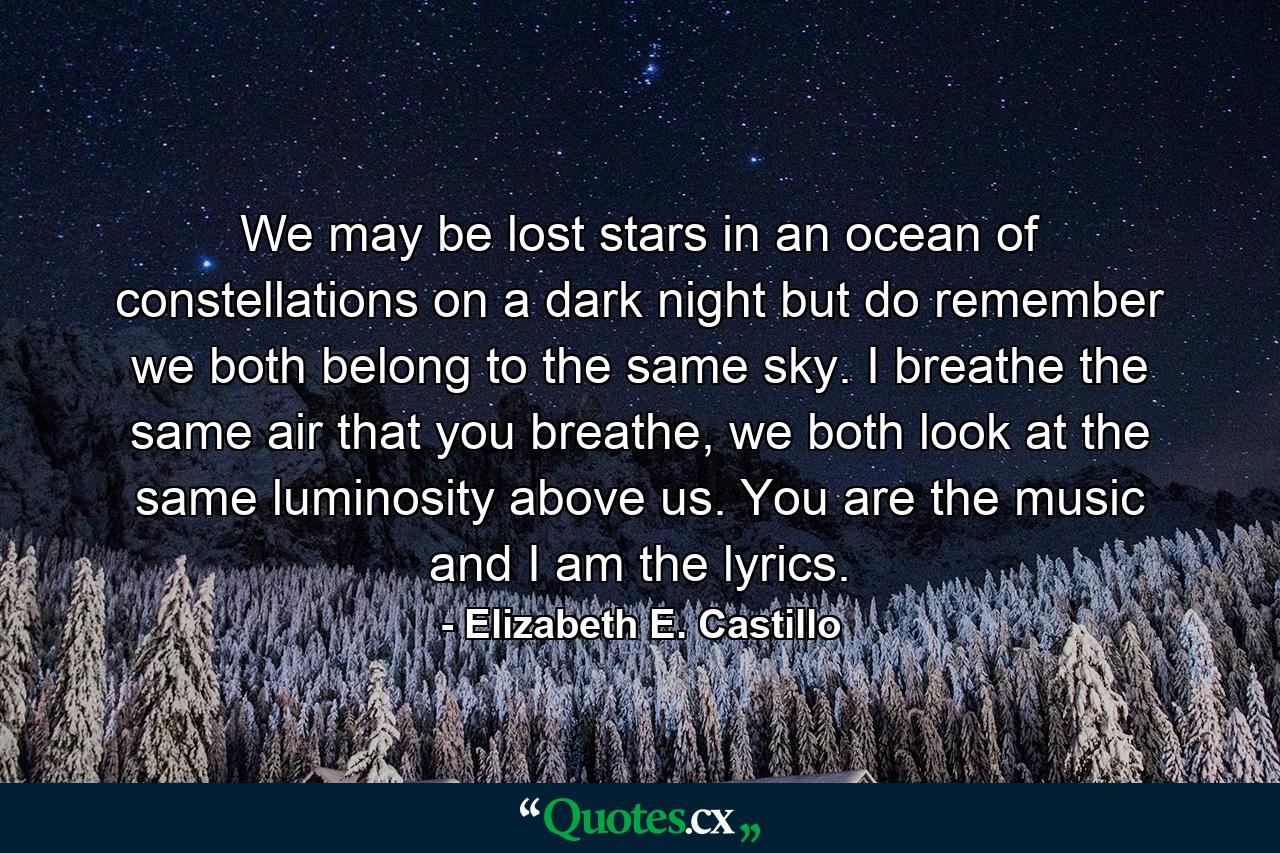 We may be lost stars in an ocean of constellations on a dark night but do remember we both belong to the same sky. I breathe the same air that you breathe, we both look at the same luminosity above us. You are the music and I am the lyrics. - Quote by Elizabeth E. Castillo