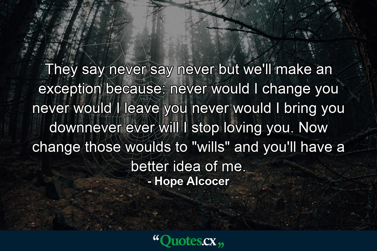 They say never say never but we'll make an exception because: never would I change you never would I leave you never would I bring you downnever ever will I stop loving you. Now change those woulds to 