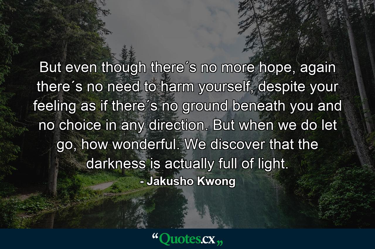 But even though there´s no more hope, again there´s no need to harm yourself, despite your feeling as if there´s no ground beneath you and no choice in any direction. But when we do let go, how wonderful. We discover that the darkness is actually full of light. - Quote by Jakusho Kwong