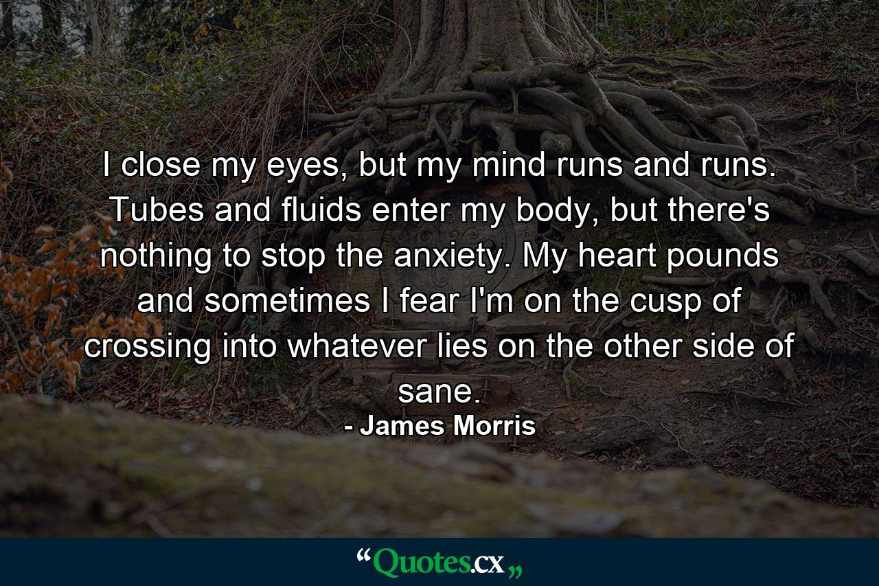 I close my eyes, but my mind runs and runs. Tubes and fluids enter my body, but there's nothing to stop the anxiety. My heart pounds and sometimes I fear I'm on the cusp of crossing into whatever lies on the other side of sane. - Quote by James Morris