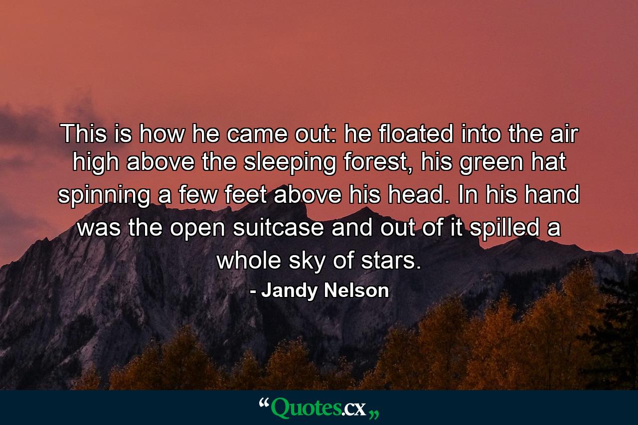 This is how he came out: he floated into the air high above the sleeping forest, his green hat spinning a few feet above his head. In his hand was the open suitcase and out of it spilled a whole sky of stars. - Quote by Jandy Nelson