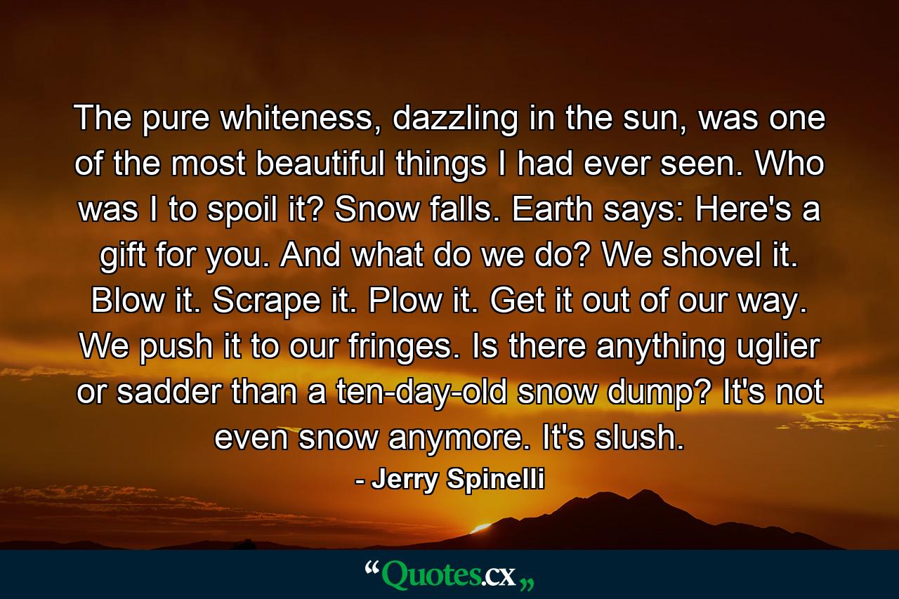 The pure whiteness, dazzling in the sun, was one of the most beautiful things I had ever seen. Who was I to spoil it? Snow falls. Earth says: Here's a gift for you. And what do we do? We shovel it. Blow it. Scrape it. Plow it. Get it out of our way. We push it to our fringes. Is there anything uglier or sadder than a ten-day-old snow dump? It's not even snow anymore. It's slush. - Quote by Jerry Spinelli