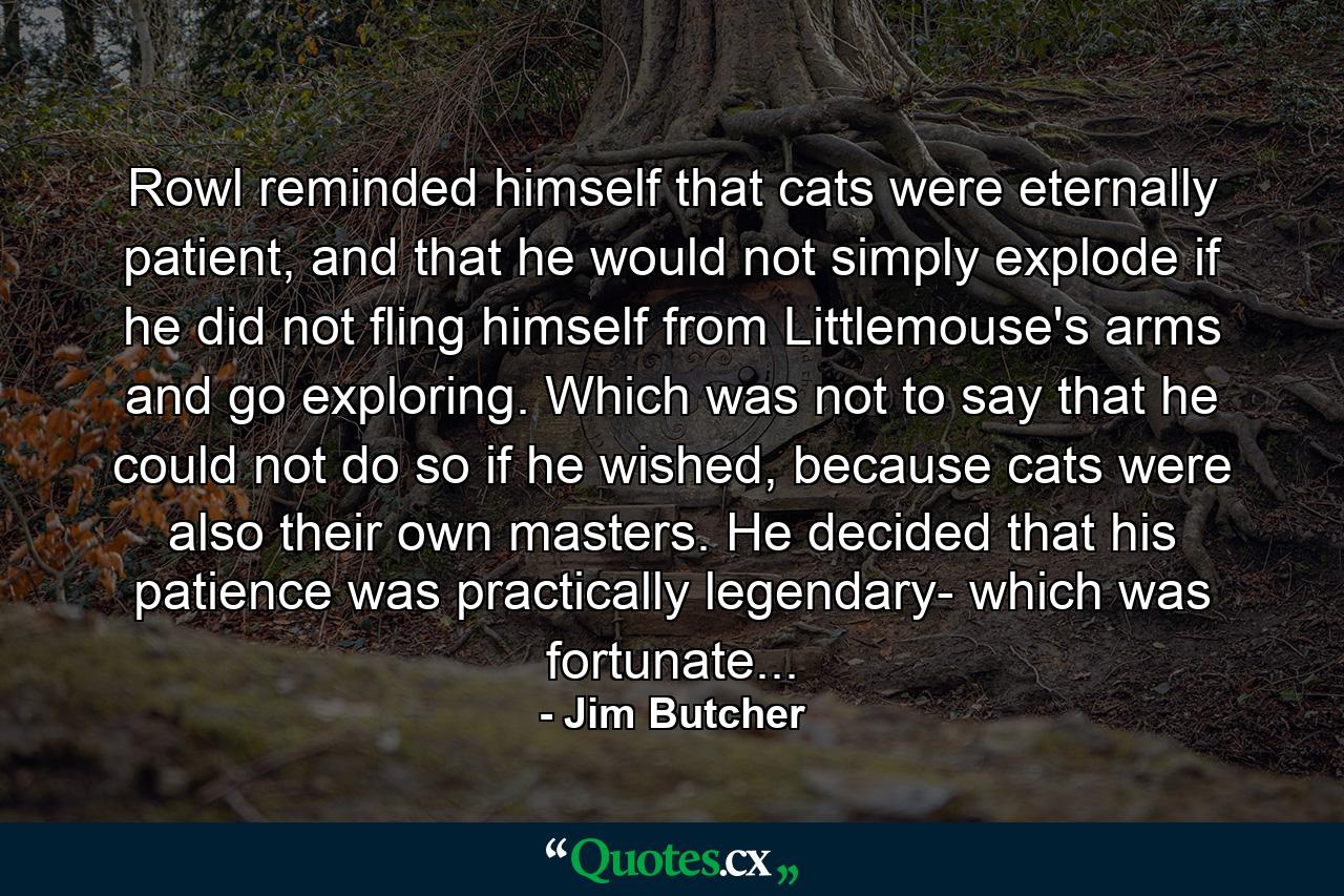 Rowl reminded himself that cats were eternally patient, and that he would not simply explode if he did not fling himself from Littlemouse's arms and go exploring. Which was not to say that he could not do so if he wished, because cats were also their own masters. He decided that his patience was practically legendary- which was fortunate... - Quote by Jim Butcher