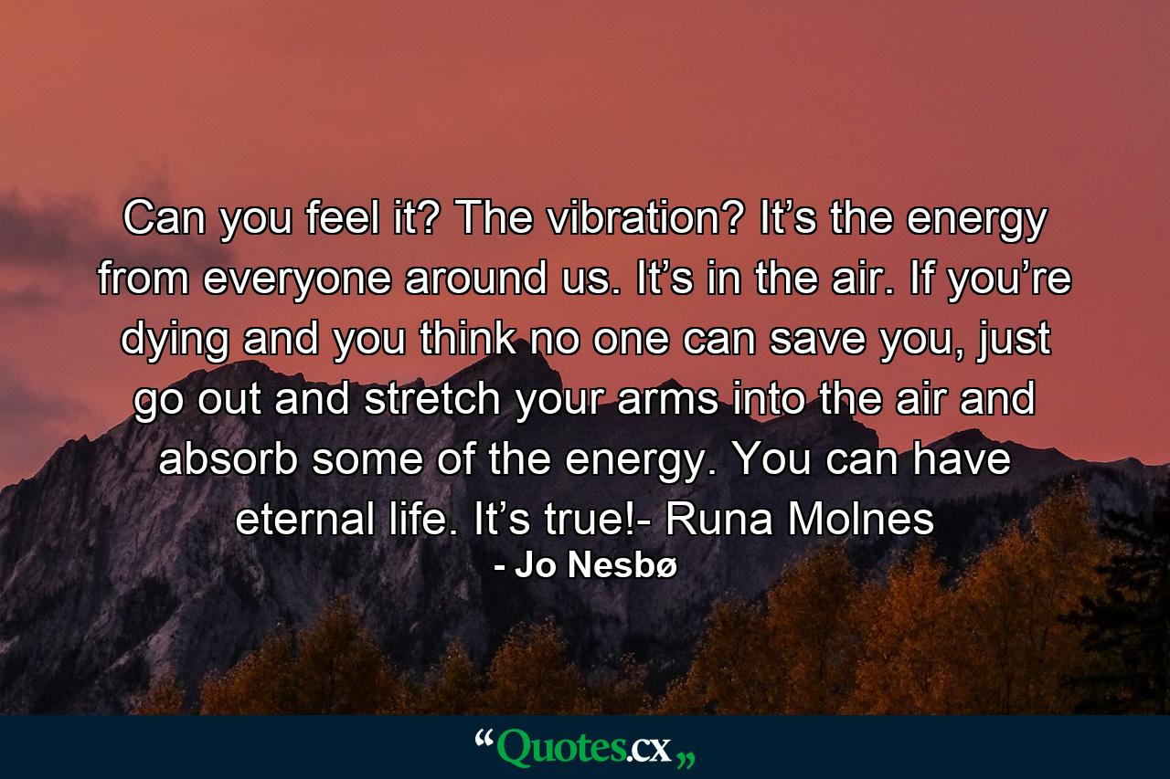 Can you feel it? The vibration? It’s the energy from everyone around us. It’s in the air. If you’re dying and you think no one can save you, just go out and stretch your arms into the air and absorb some of the energy. You can have eternal life. It’s true!- Runa Molnes - Quote by Jo Nesbø