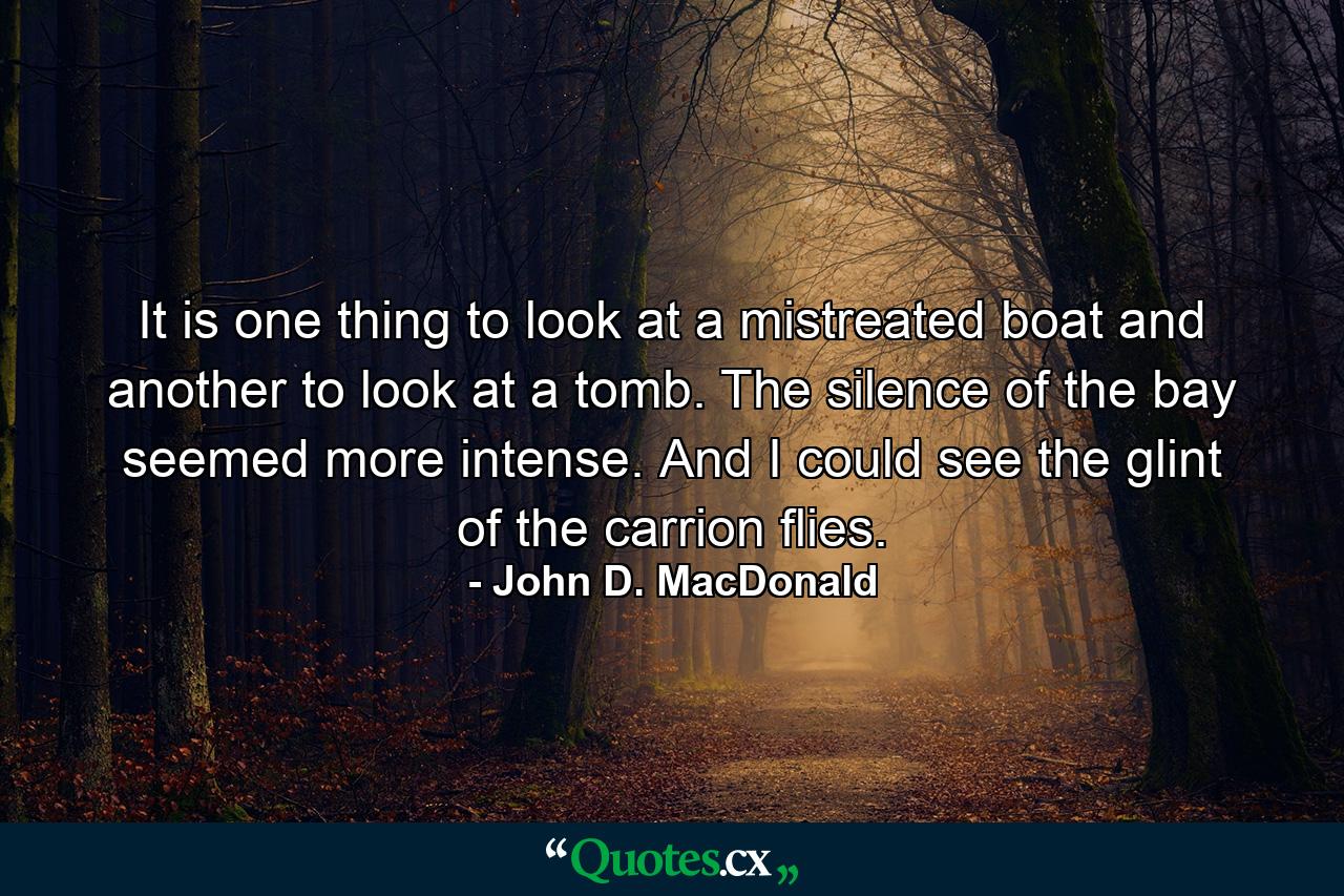 It is one thing to look at a mistreated boat and another to look at a tomb. The silence of the bay seemed more intense. And I could see the glint of the carrion flies. - Quote by John D. MacDonald