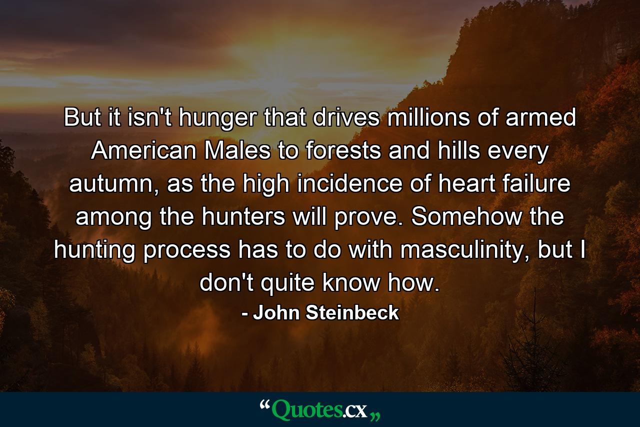 But it isn't hunger that drives millions of armed American Males to forests and hills every autumn, as the high incidence of heart failure among the hunters will prove. Somehow the hunting process has to do with masculinity, but I don't quite know how. - Quote by John Steinbeck