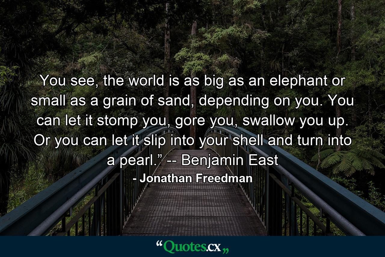 You see, the world is as big as an elephant or small as a grain of sand, depending on you. You can let it stomp you, gore you, swallow you up. Or you can let it slip into your shell and turn into a pearl.” -- Benjamin East - Quote by Jonathan Freedman