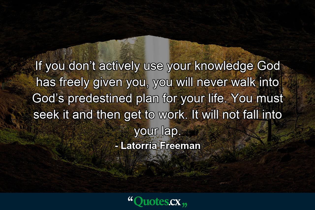 If you don’t actively use your knowledge God has freely given you, you will never walk into God’s predestined plan for your life. You must seek it and then get to work. It will not fall into your lap. - Quote by Latorria Freeman