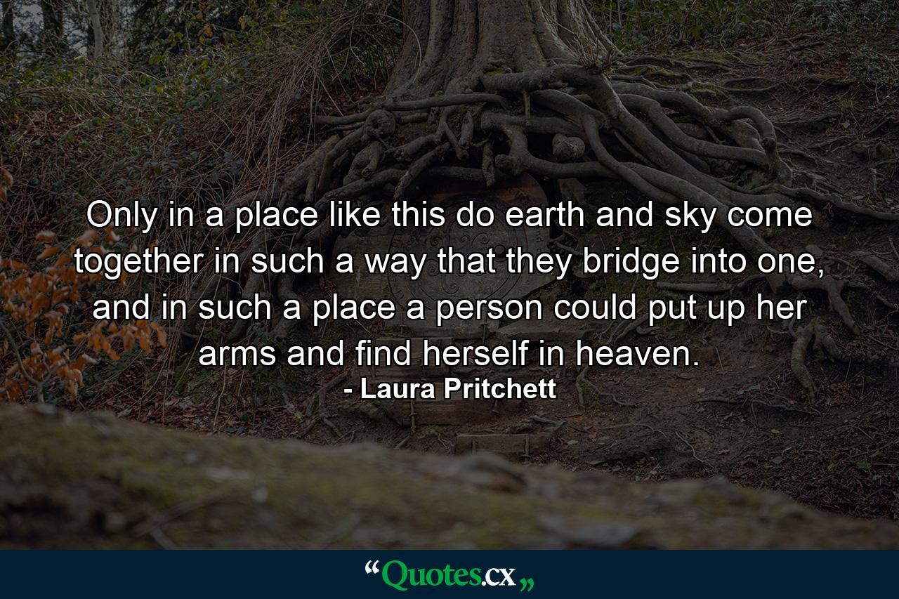 Only in a place like this do earth and sky come together in such a way that they bridge into one, and in such a place a person could put up her arms and find herself in heaven. - Quote by Laura Pritchett