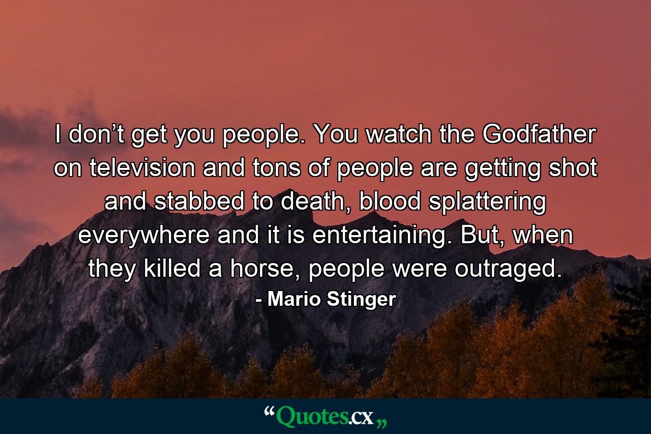 I don’t get you people. You watch the Godfather on television and tons of people are getting shot and stabbed to death, blood splattering everywhere and it is entertaining. But, when they killed a horse, people were outraged. - Quote by Mario Stinger