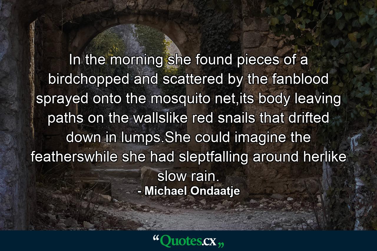 In the morning she found pieces of a birdchopped and scattered by the fanblood sprayed onto the mosquito net,its body leaving paths on the wallslike red snails that drifted down in lumps.She could imagine the featherswhile she had sleptfalling around herlike slow rain. - Quote by Michael Ondaatje