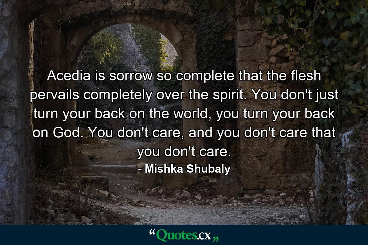 Acedia is sorrow so complete that the flesh pervails completely over the spirit. You don't just turn your back on the world, you turn your back on God. You don't care, and you don't care that you don't care. - Quote by Mishka Shubaly