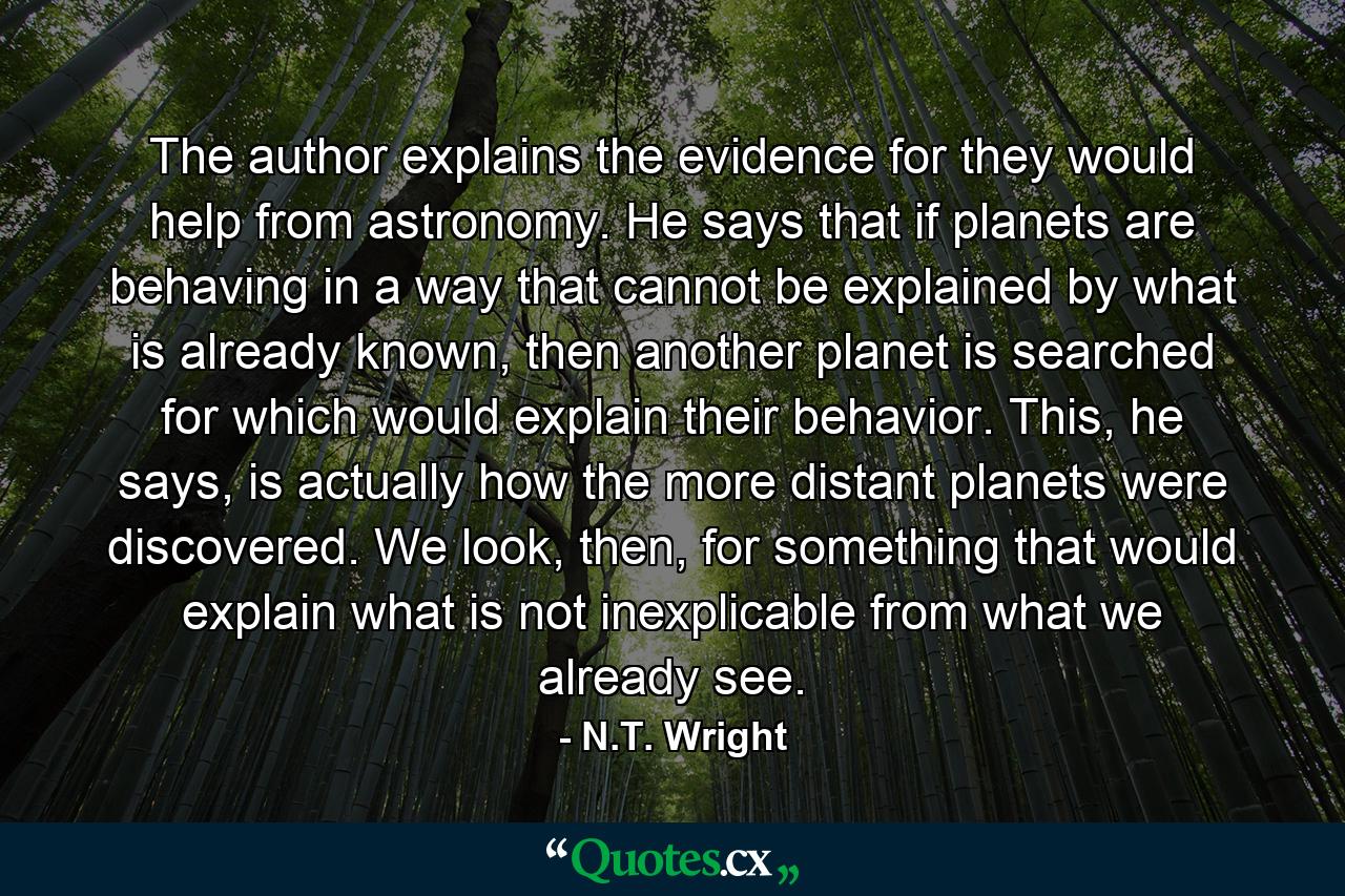 The author explains the evidence for they would help from astronomy. He says that if planets are behaving in a way that cannot be explained by what is already known, then another planet is searched for which would explain their behavior. This, he says, is actually how the more distant planets were discovered. We look, then, for something that would explain what is not inexplicable from what we already see. - Quote by N.T. Wright