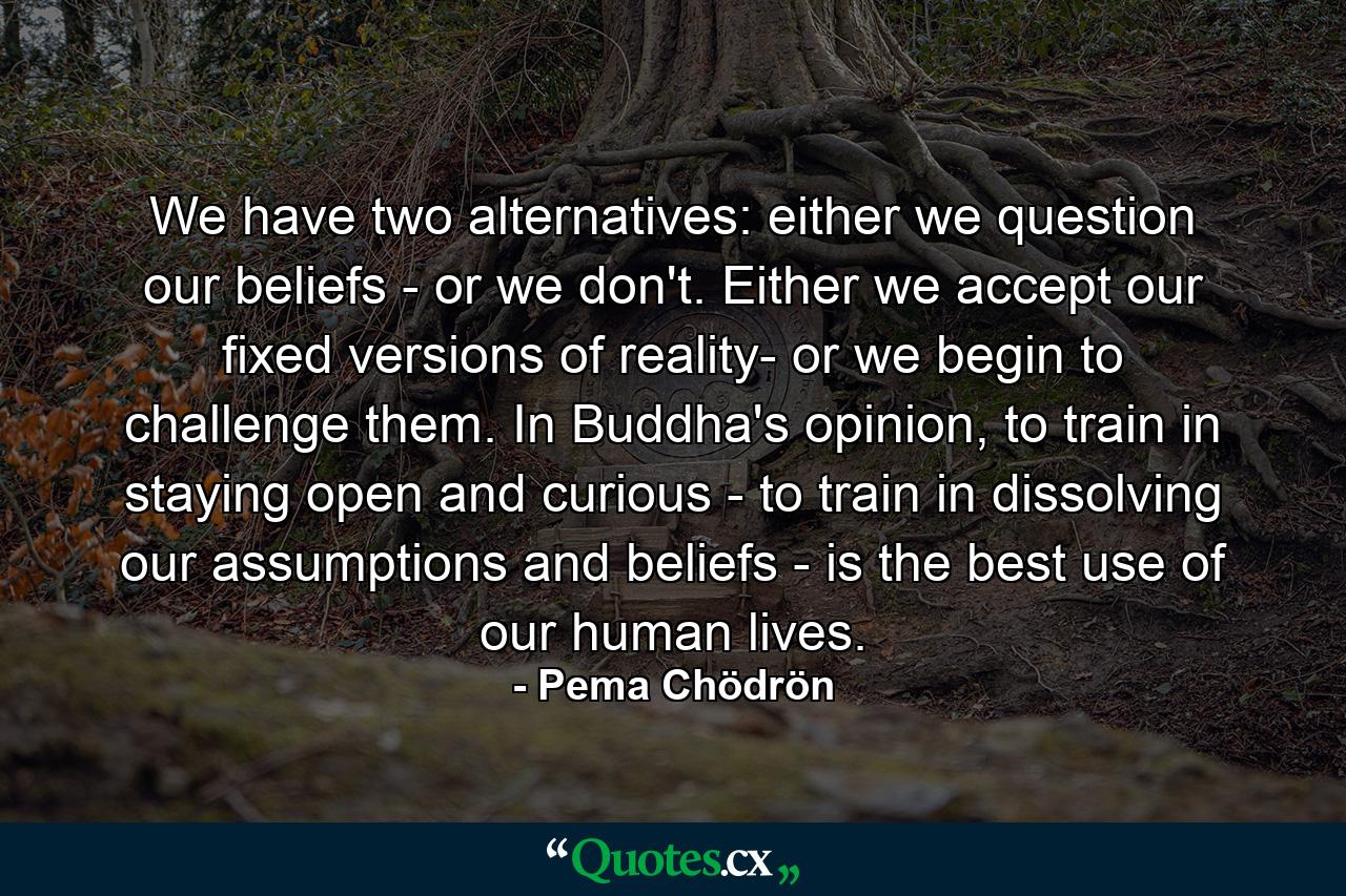 We have two alternatives: either we question our beliefs - or we don't. Either we accept our fixed versions of reality- or we begin to challenge them. In Buddha's opinion, to train in staying open and curious - to train in dissolving our assumptions and beliefs - is the best use of our human lives. - Quote by Pema Chödrön