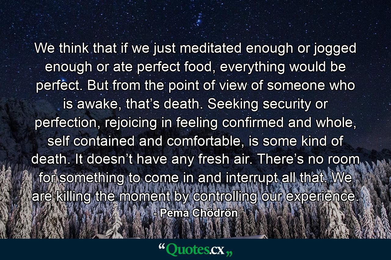 We think that if we just meditated enough or jogged enough or ate perfect food, everything would be perfect. But from the point of view of someone who is awake, that’s death. Seeking security or perfection, rejoicing in feeling confirmed and whole, self contained and comfortable, is some kind of death. It doesn’t have any fresh air. There’s no room for something to come in and interrupt all that. We are killing the moment by controlling our experience. - Quote by Pema Chödrön