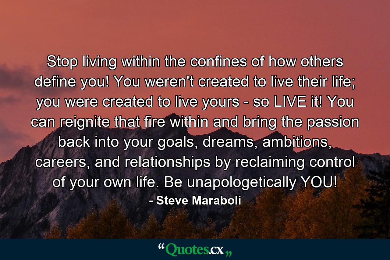 Stop living within the confines of how others define you! You weren't created to live their life; you were created to live yours - so LIVE it! You can reignite that fire within and bring the passion back into your goals, dreams, ambitions, careers, and relationships by reclaiming control of your own life. Be unapologetically YOU! - Quote by Steve Maraboli