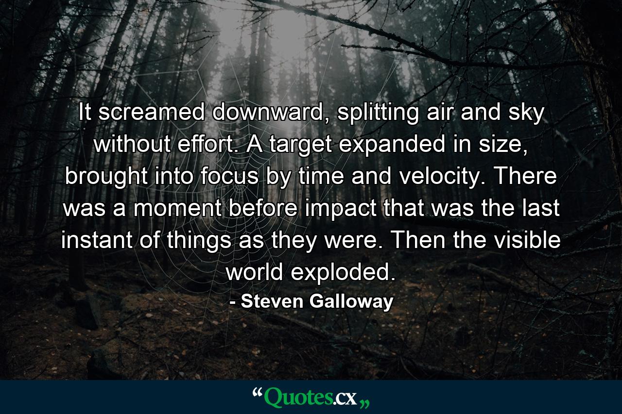 It screamed downward, splitting air and sky without effort. A target expanded in size, brought into focus by time and velocity. There was a moment before impact that was the last instant of things as they were. Then the visible world exploded. - Quote by Steven Galloway