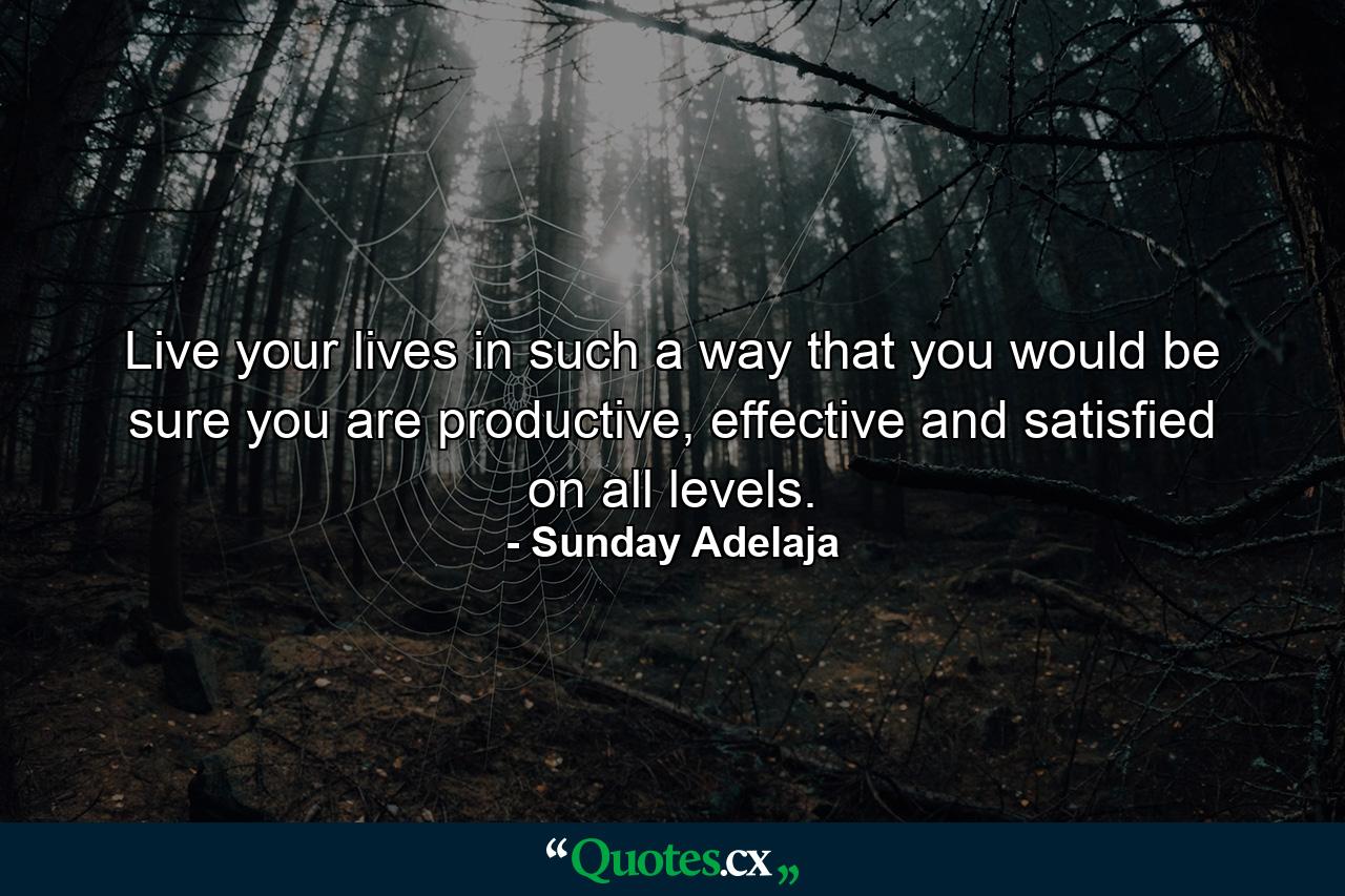 Live your lives in such a way that you would be sure you are productive, effective and satisfied on all levels. - Quote by Sunday Adelaja